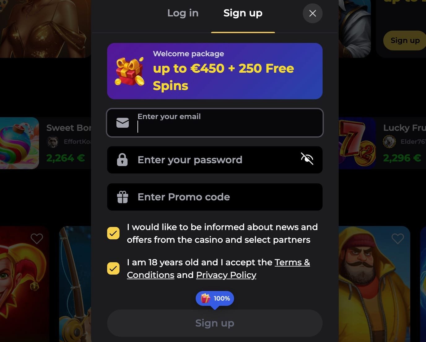 Vipzino create account